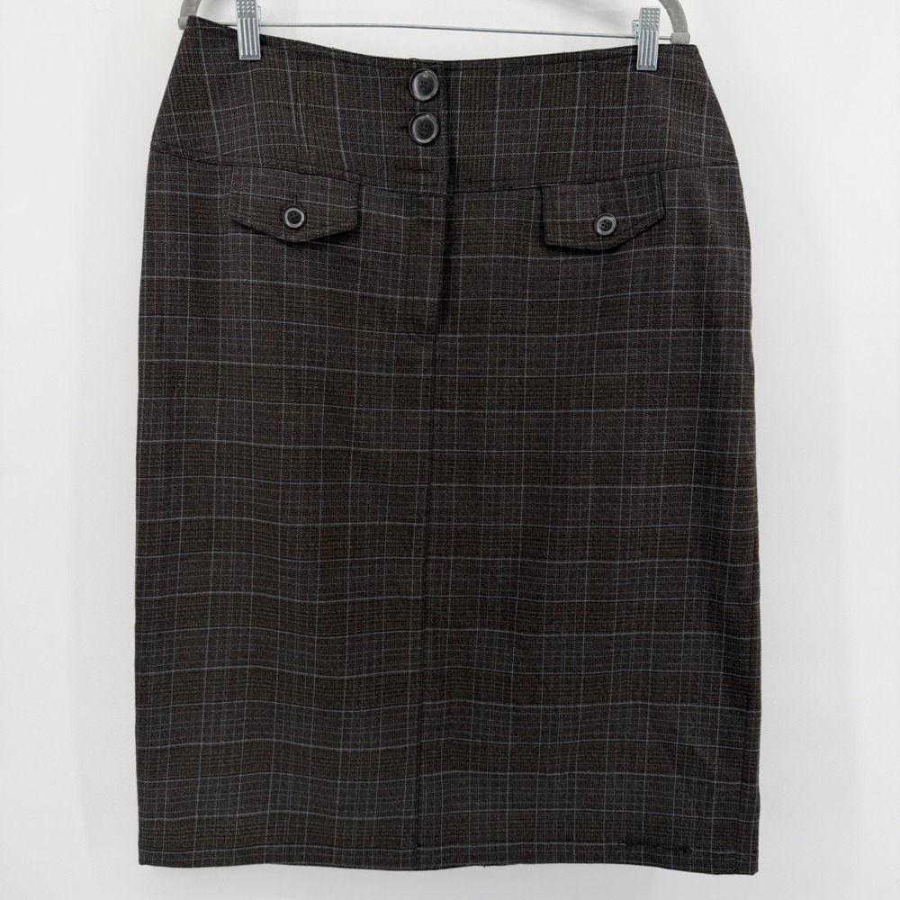 Larry Levine Skirt Women's 14 Brown Blue Plaid Pencil SS881R34J Washable Stretch